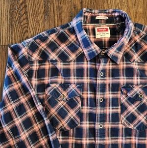 Wrangler Men’s Navy Pink Plaid Flannel long sleeve button size 3XL